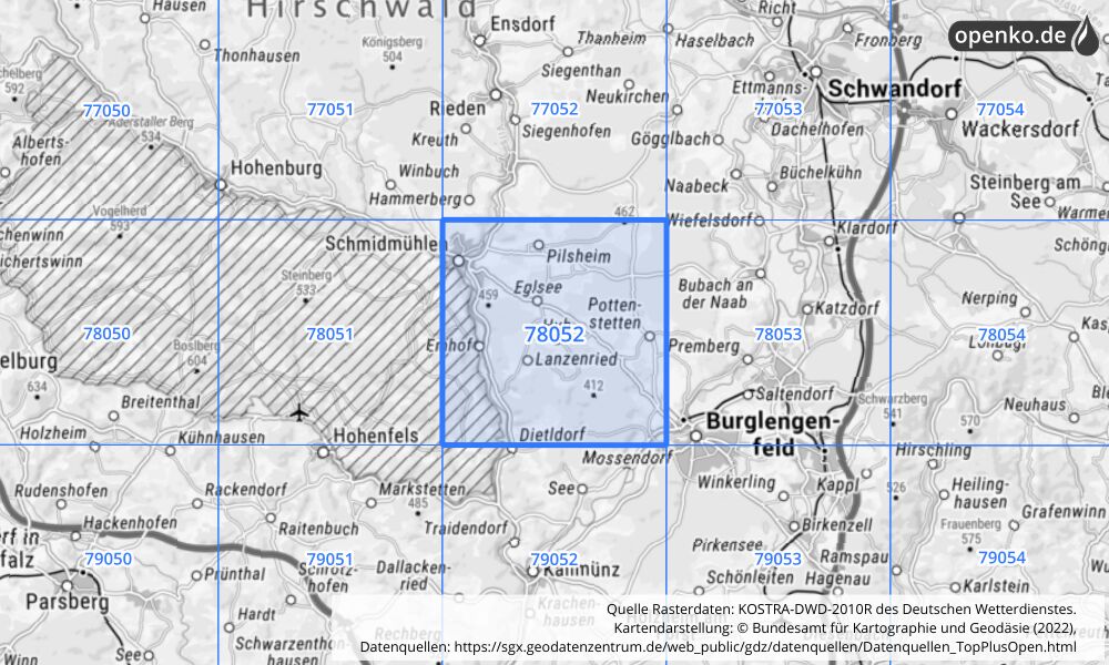 Übersichtskarte KOSTRA-DWD-2010R Rasterfeld Nr. 78052 mit angrenzenden Feldern