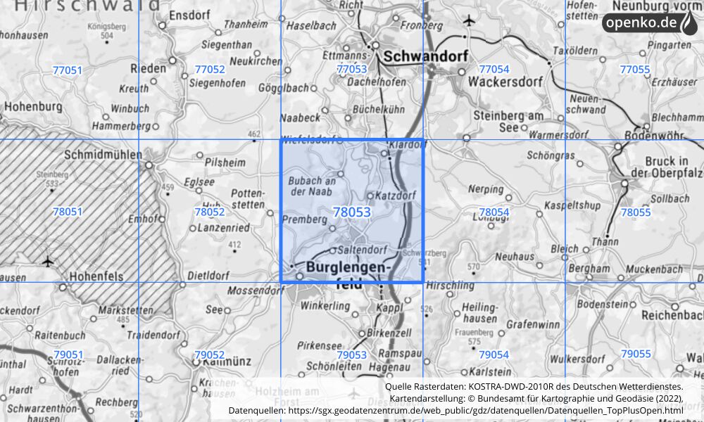 Übersichtskarte KOSTRA-DWD-2010R Rasterfeld Nr. 78053 mit angrenzenden Feldern