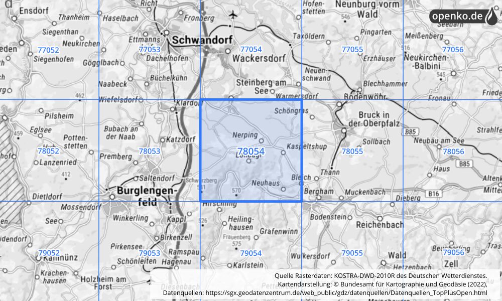 Übersichtskarte KOSTRA-DWD-2010R Rasterfeld Nr. 78054 mit angrenzenden Feldern