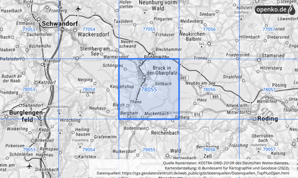 Übersichtskarte KOSTRA-DWD-2010R Rasterfeld Nr. 78055 mit angrenzenden Feldern