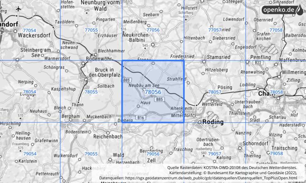 Übersichtskarte KOSTRA-DWD-2010R Rasterfeld Nr. 78056 mit angrenzenden Feldern