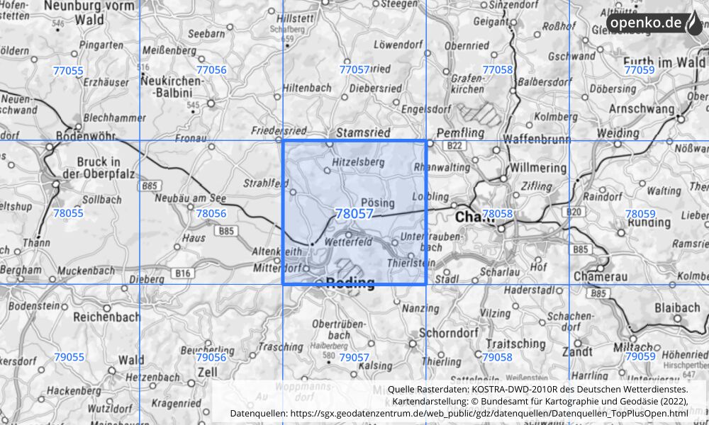 Übersichtskarte KOSTRA-DWD-2010R Rasterfeld Nr. 78057 mit angrenzenden Feldern