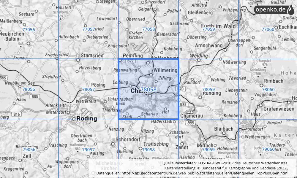 Übersichtskarte KOSTRA-DWD-2010R Rasterfeld Nr. 78058 mit angrenzenden Feldern