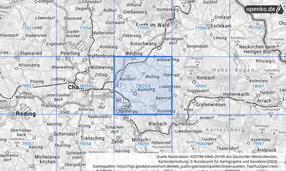 Übersichtskarte KOSTRA-DWD-2010R Rasterfeld Nr. 78059 mit angrenzenden Feldern