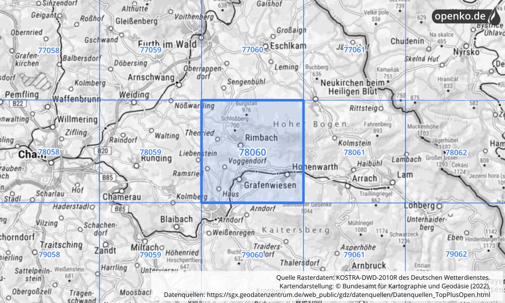 Übersichtskarte KOSTRA-DWD-2010R Rasterfeld Nr. 78060 mit angrenzenden Feldern