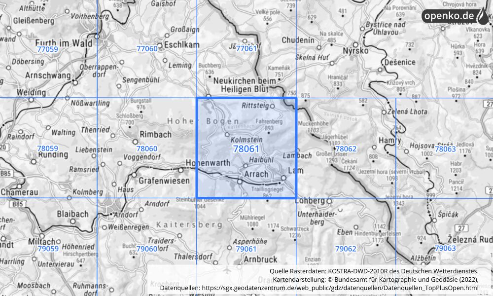 Übersichtskarte KOSTRA-DWD-2010R Rasterfeld Nr. 78061 mit angrenzenden Feldern