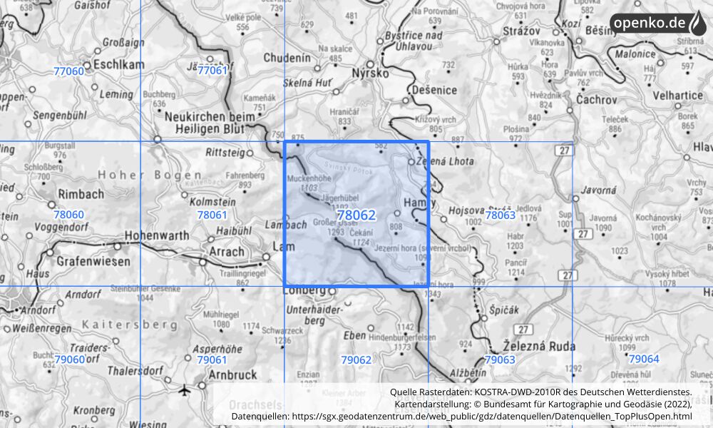 Übersichtskarte KOSTRA-DWD-2010R Rasterfeld Nr. 78062 mit angrenzenden Feldern