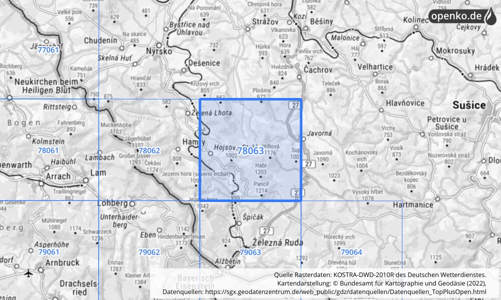 Übersichtskarte KOSTRA-DWD-2010R Rasterfeld Nr. 78063 mit angrenzenden Feldern