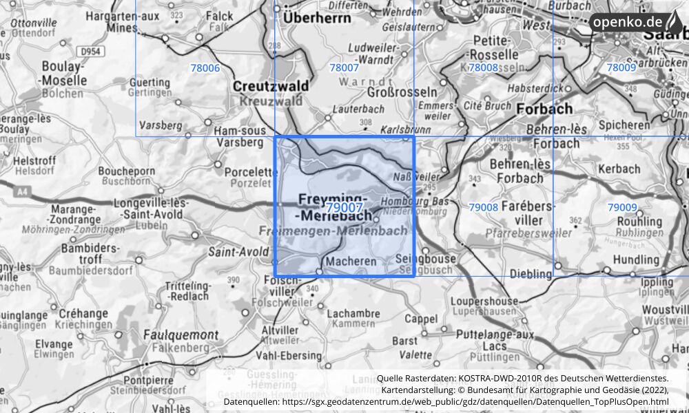 Übersichtskarte KOSTRA-DWD-2010R Rasterfeld Nr. 79007 mit angrenzenden Feldern