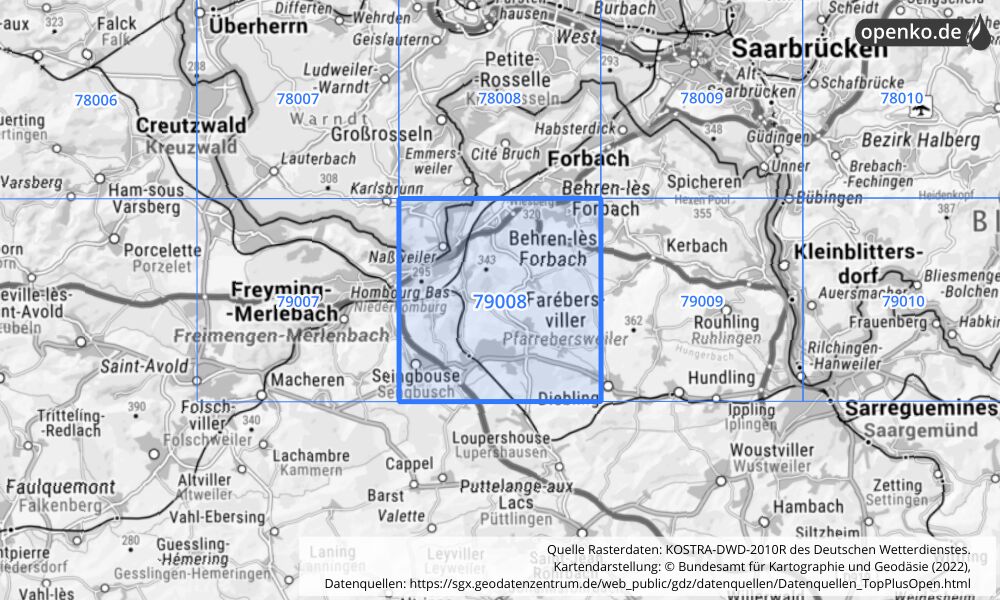 Übersichtskarte KOSTRA-DWD-2010R Rasterfeld Nr. 79008 mit angrenzenden Feldern