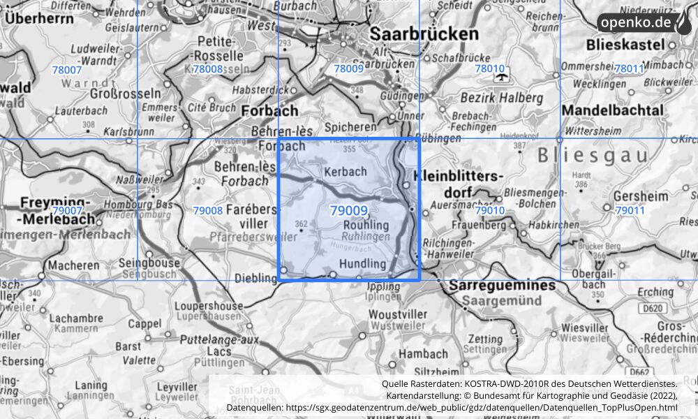 Übersichtskarte KOSTRA-DWD-2010R Rasterfeld Nr. 79009 mit angrenzenden Feldern