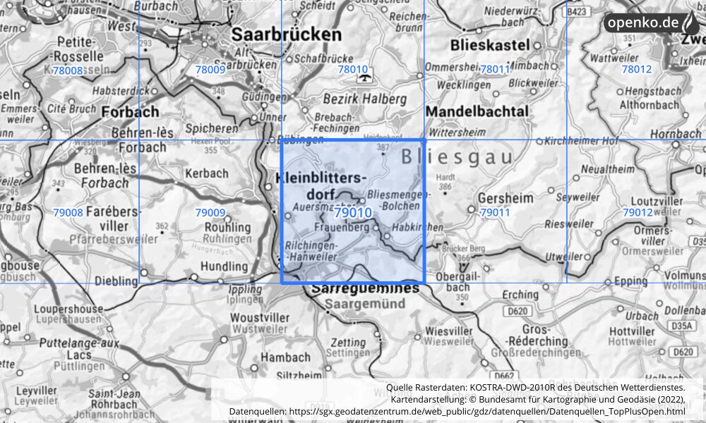 Übersichtskarte KOSTRA-DWD-2010R Rasterfeld Nr. 79010 mit angrenzenden Feldern