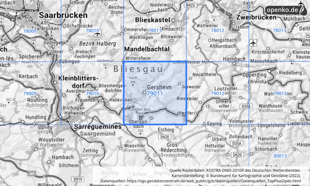 Übersichtskarte KOSTRA-DWD-2010R Rasterfeld Nr. 79011 mit angrenzenden Feldern