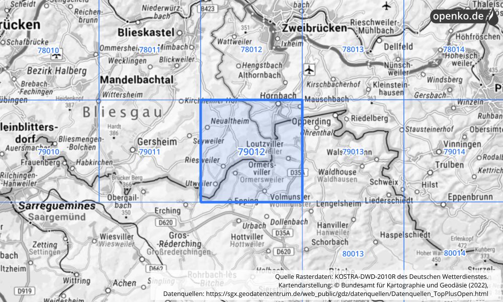 Übersichtskarte KOSTRA-DWD-2010R Rasterfeld Nr. 79012 mit angrenzenden Feldern