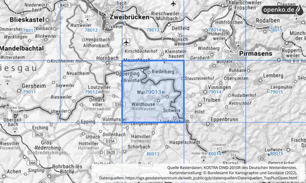 Übersichtskarte KOSTRA-DWD-2010R Rasterfeld Nr. 79013 mit angrenzenden Feldern