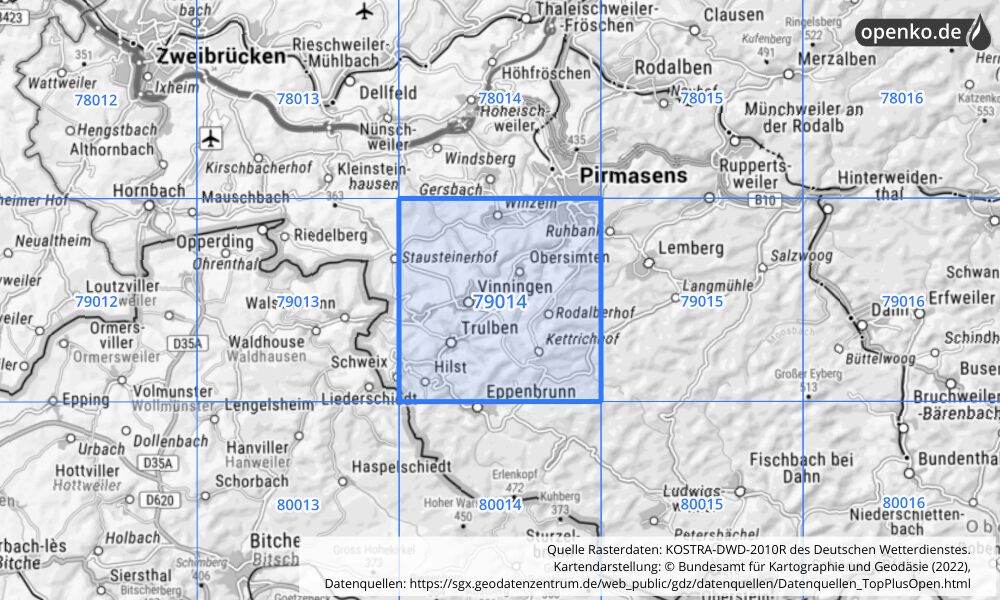 Übersichtskarte KOSTRA-DWD-2010R Rasterfeld Nr. 79014 mit angrenzenden Feldern