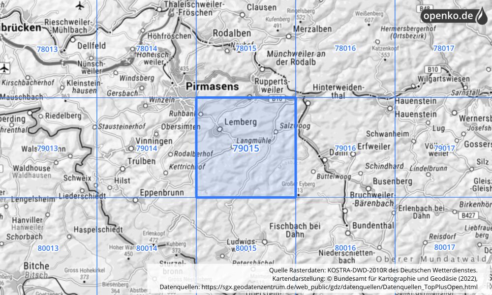 Übersichtskarte KOSTRA-DWD-2010R Rasterfeld Nr. 79015 mit angrenzenden Feldern