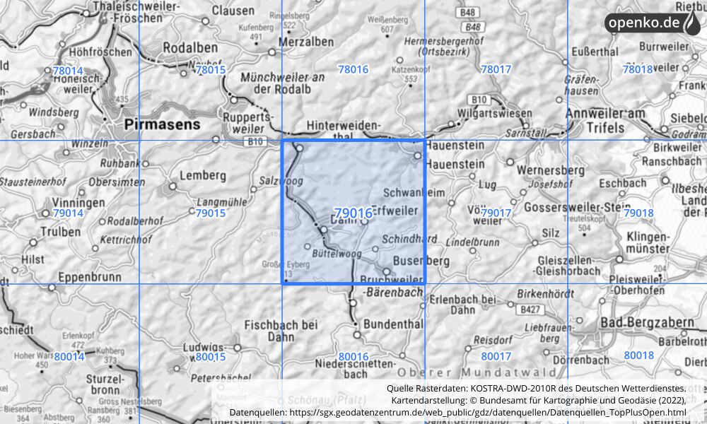 Übersichtskarte KOSTRA-DWD-2010R Rasterfeld Nr. 79016 mit angrenzenden Feldern