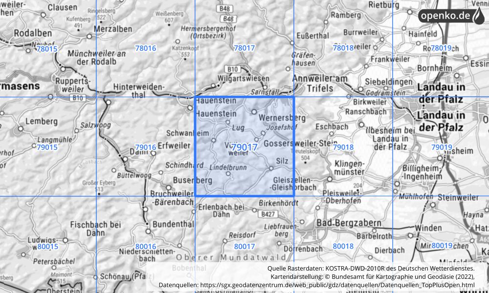 Übersichtskarte KOSTRA-DWD-2010R Rasterfeld Nr. 79017 mit angrenzenden Feldern