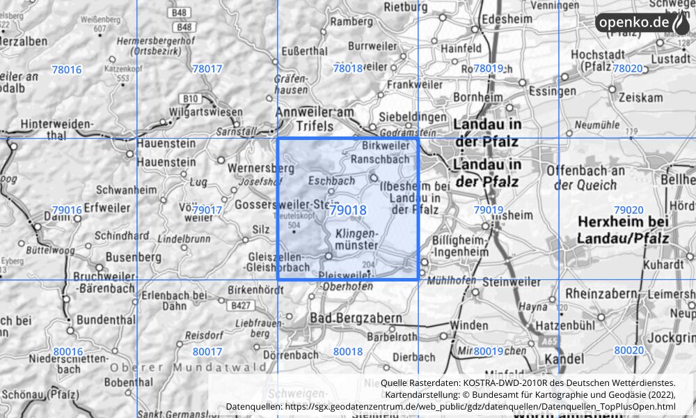 Übersichtskarte KOSTRA-DWD-2010R Rasterfeld Nr. 79018 mit angrenzenden Feldern