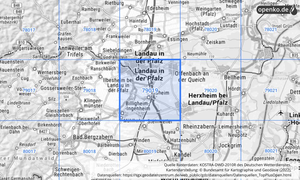 Übersichtskarte KOSTRA-DWD-2010R Rasterfeld Nr. 79019 mit angrenzenden Feldern