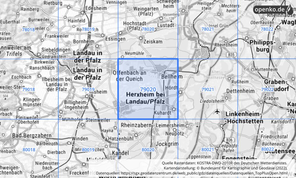 Übersichtskarte KOSTRA-DWD-2010R Rasterfeld Nr. 79020 mit angrenzenden Feldern