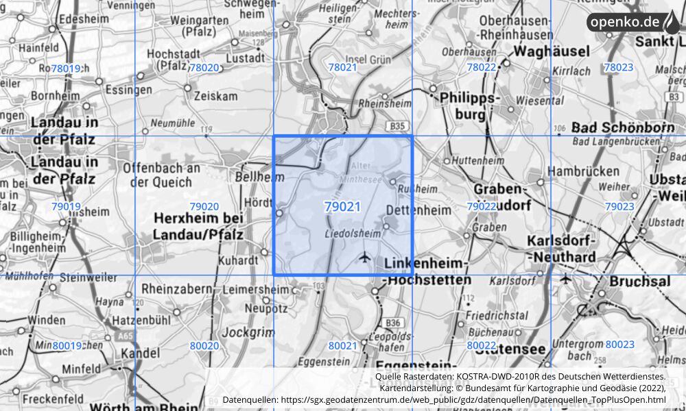 Übersichtskarte KOSTRA-DWD-2010R Rasterfeld Nr. 79021 mit angrenzenden Feldern