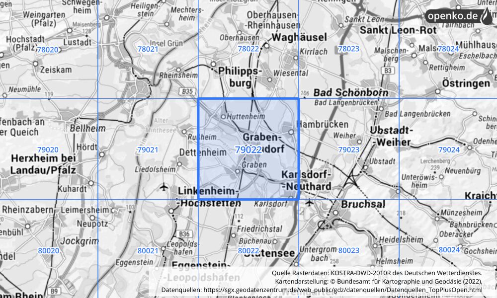 Übersichtskarte KOSTRA-DWD-2010R Rasterfeld Nr. 79022 mit angrenzenden Feldern