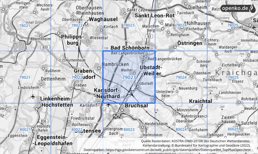 Übersichtskarte KOSTRA-DWD-2010R Rasterfeld Nr. 79023 mit angrenzenden Feldern