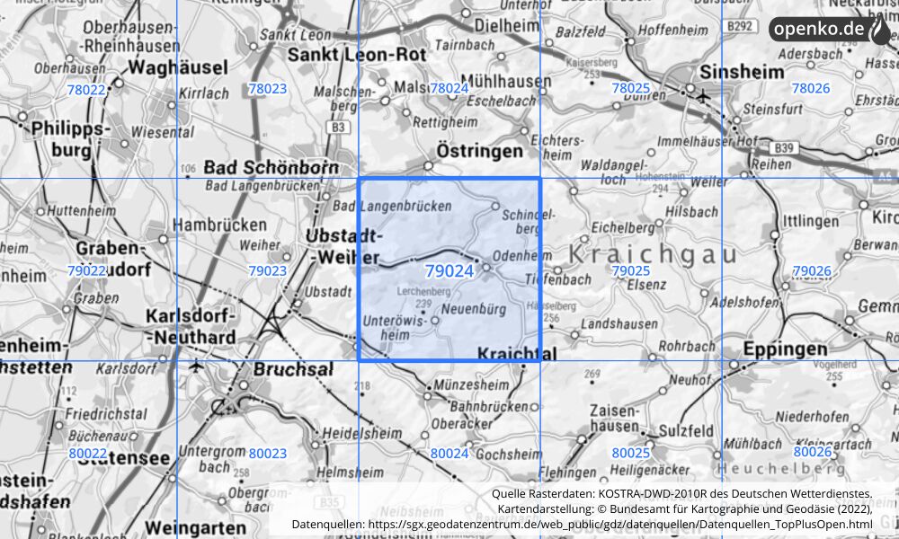 Übersichtskarte KOSTRA-DWD-2010R Rasterfeld Nr. 79024 mit angrenzenden Feldern