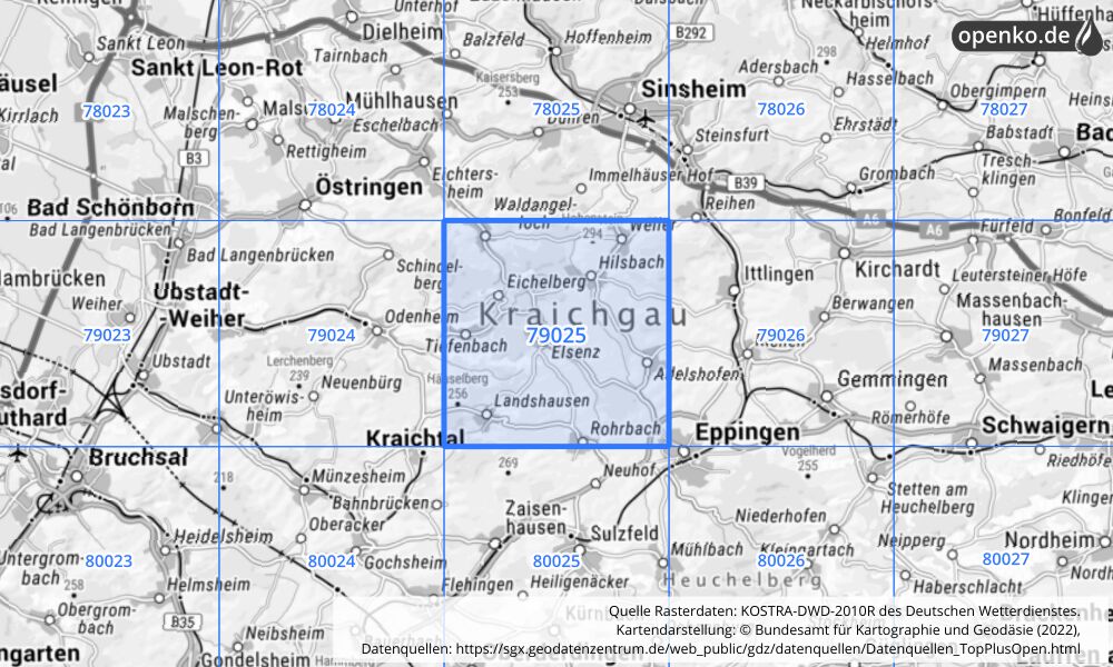 Übersichtskarte KOSTRA-DWD-2010R Rasterfeld Nr. 79025 mit angrenzenden Feldern