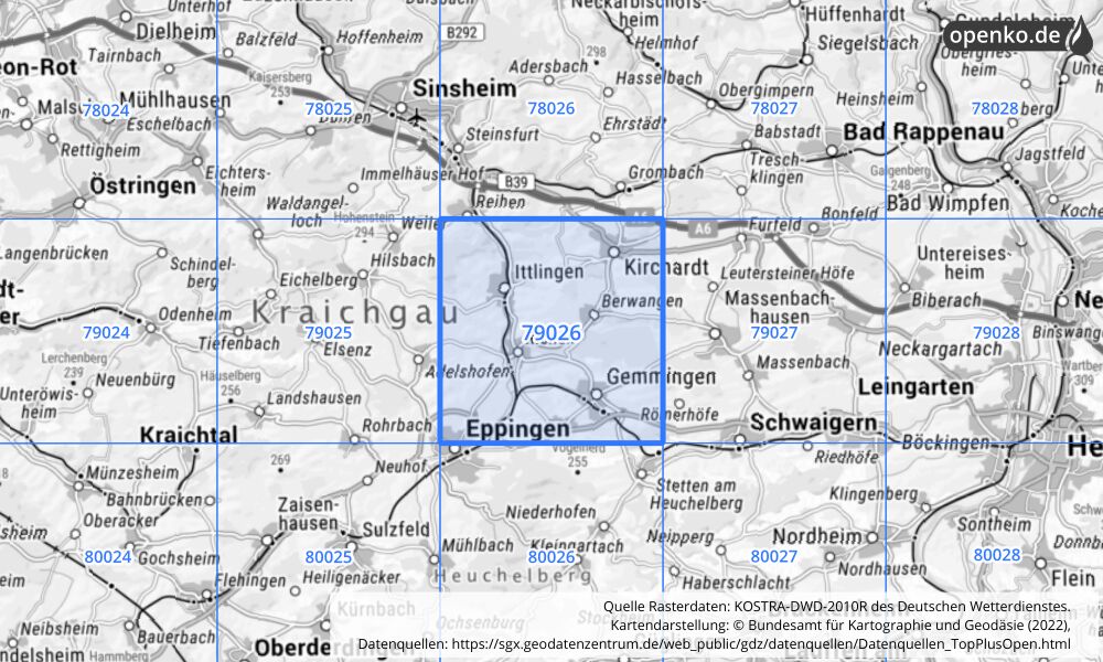 Übersichtskarte KOSTRA-DWD-2010R Rasterfeld Nr. 79026 mit angrenzenden Feldern