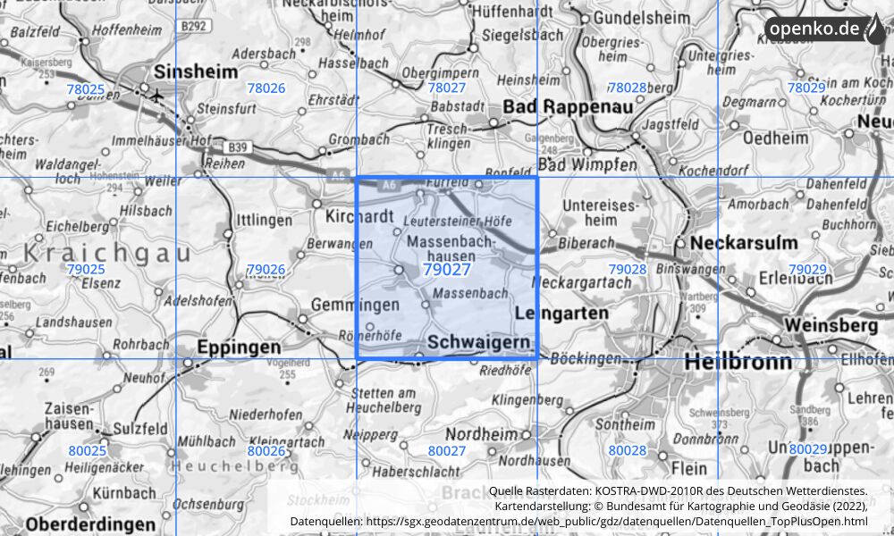 Übersichtskarte KOSTRA-DWD-2010R Rasterfeld Nr. 79027 mit angrenzenden Feldern