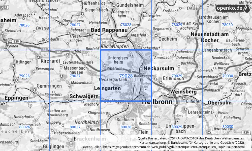 Übersichtskarte KOSTRA-DWD-2010R Rasterfeld Nr. 79028 mit angrenzenden Feldern