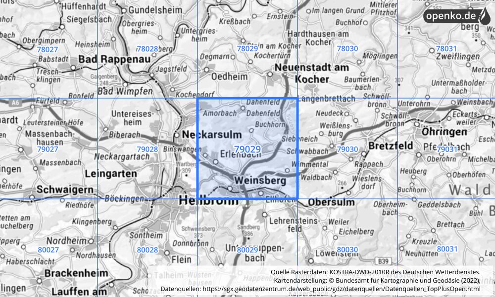 Übersichtskarte KOSTRA-DWD-2010R Rasterfeld Nr. 79029 mit angrenzenden Feldern