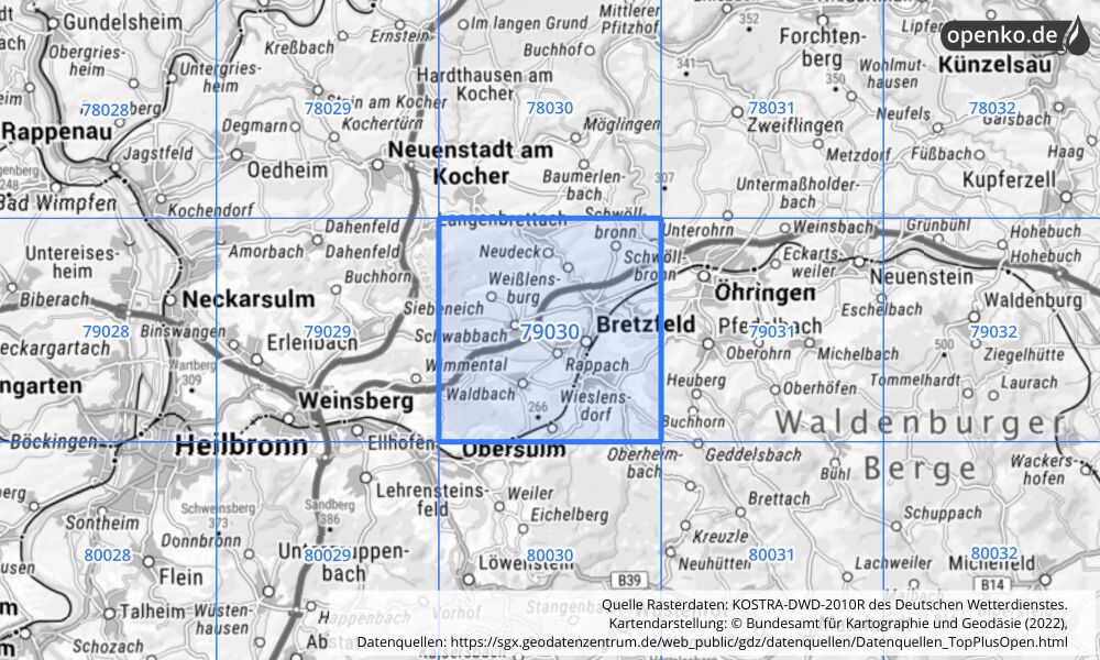 Übersichtskarte KOSTRA-DWD-2010R Rasterfeld Nr. 79030 mit angrenzenden Feldern