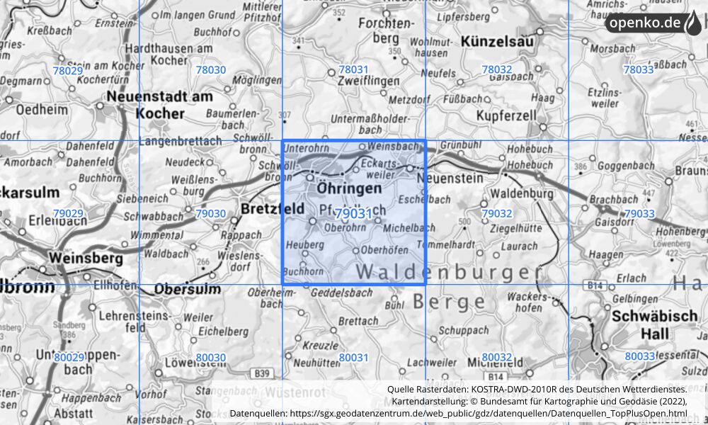 Übersichtskarte KOSTRA-DWD-2010R Rasterfeld Nr. 79031 mit angrenzenden Feldern