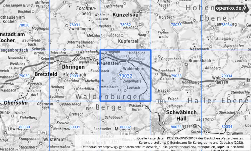 Übersichtskarte KOSTRA-DWD-2010R Rasterfeld Nr. 79032 mit angrenzenden Feldern