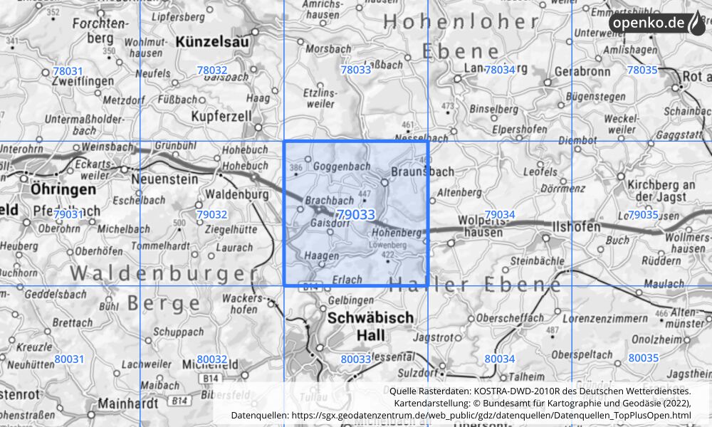 Übersichtskarte KOSTRA-DWD-2010R Rasterfeld Nr. 79033 mit angrenzenden Feldern