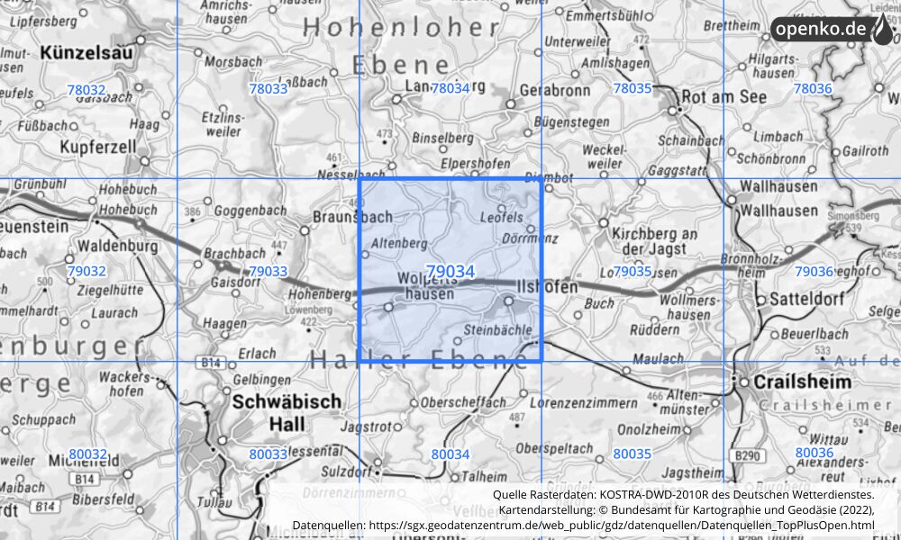 Übersichtskarte KOSTRA-DWD-2010R Rasterfeld Nr. 79034 mit angrenzenden Feldern