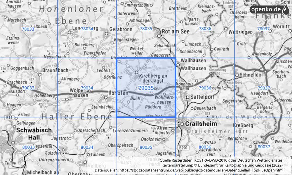 Übersichtskarte KOSTRA-DWD-2010R Rasterfeld Nr. 79035 mit angrenzenden Feldern