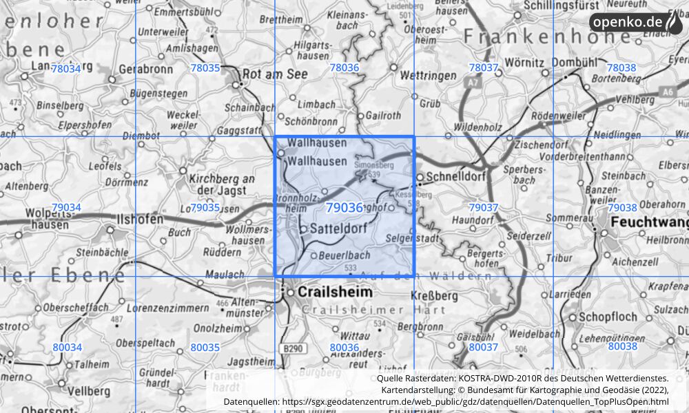 Übersichtskarte KOSTRA-DWD-2010R Rasterfeld Nr. 79036 mit angrenzenden Feldern