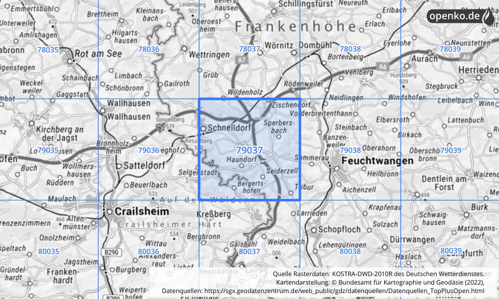 Übersichtskarte KOSTRA-DWD-2010R Rasterfeld Nr. 79037 mit angrenzenden Feldern