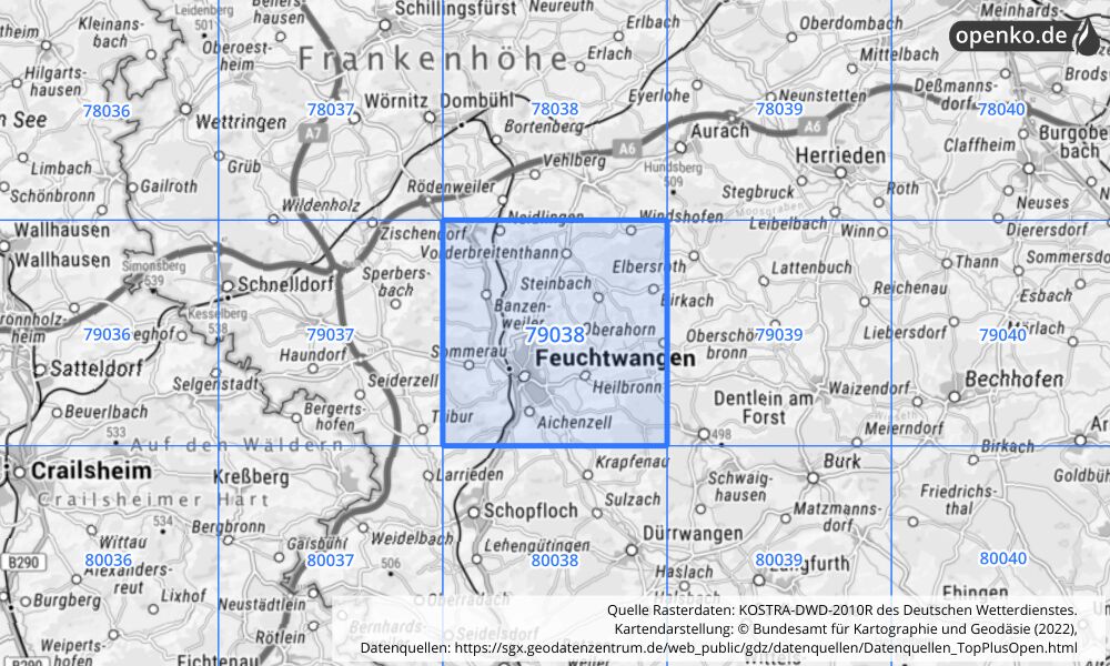 Übersichtskarte KOSTRA-DWD-2010R Rasterfeld Nr. 79038 mit angrenzenden Feldern