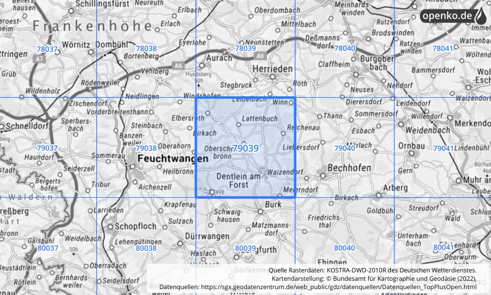 Übersichtskarte KOSTRA-DWD-2010R Rasterfeld Nr. 79039 mit angrenzenden Feldern