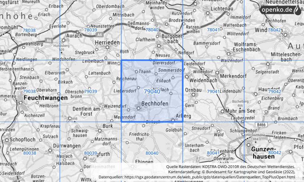 Übersichtskarte KOSTRA-DWD-2010R Rasterfeld Nr. 79040 mit angrenzenden Feldern