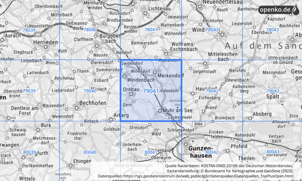 Übersichtskarte KOSTRA-DWD-2010R Rasterfeld Nr. 79041 mit angrenzenden Feldern