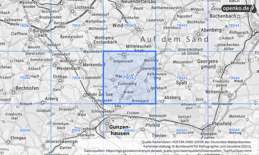 Übersichtskarte KOSTRA-DWD-2010R Rasterfeld Nr. 79042 mit angrenzenden Feldern