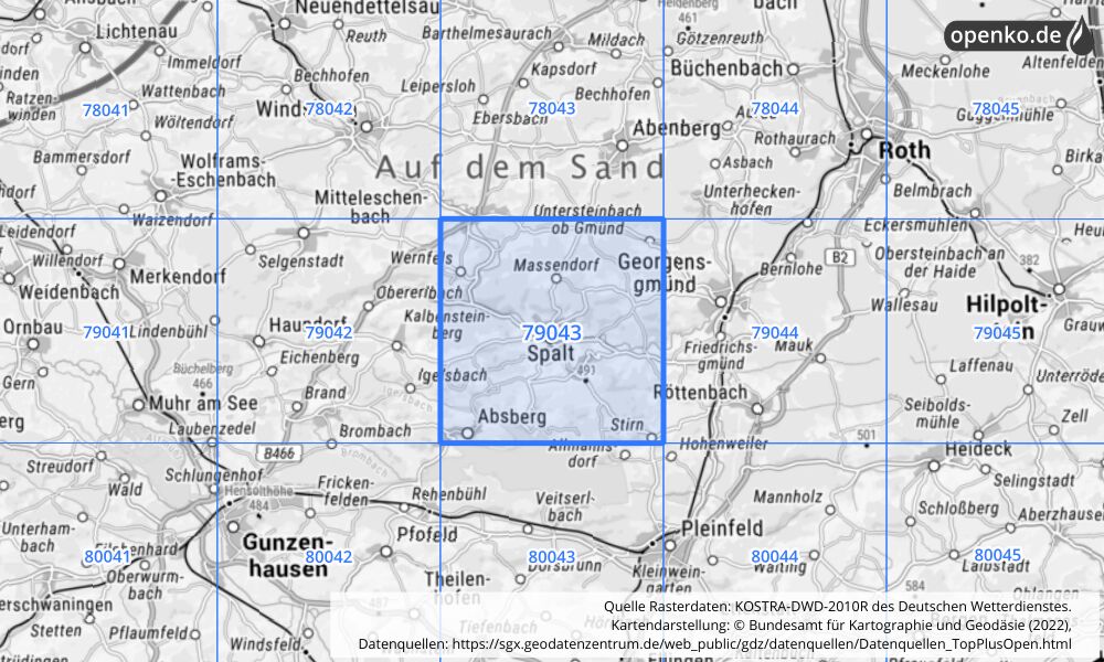 Übersichtskarte KOSTRA-DWD-2010R Rasterfeld Nr. 79043 mit angrenzenden Feldern