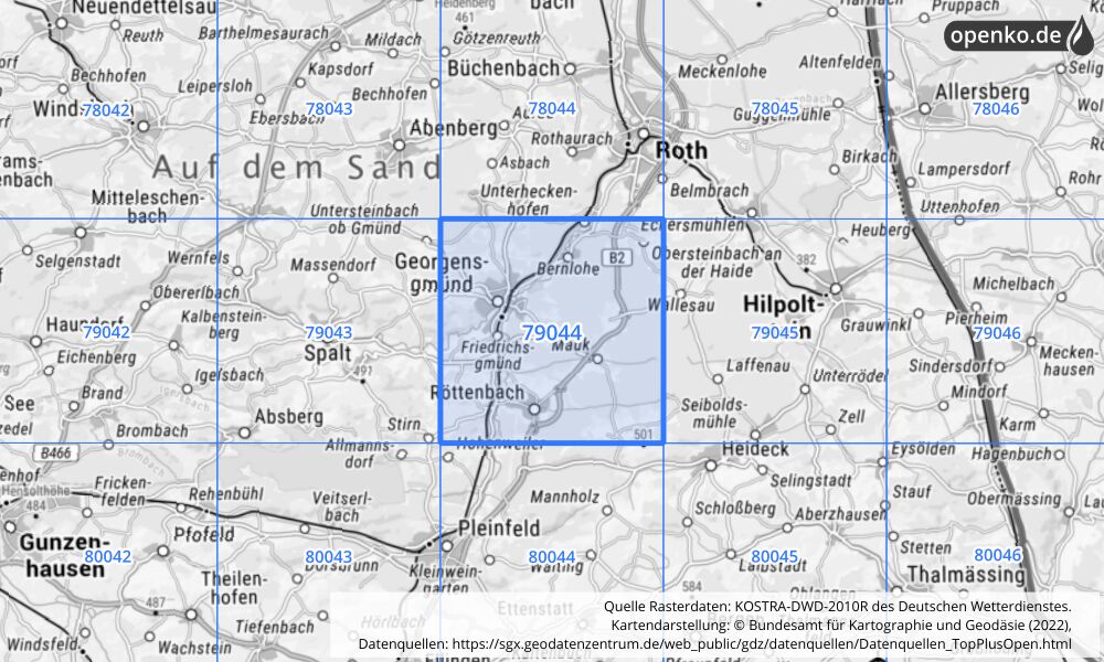 Übersichtskarte KOSTRA-DWD-2010R Rasterfeld Nr. 79044 mit angrenzenden Feldern